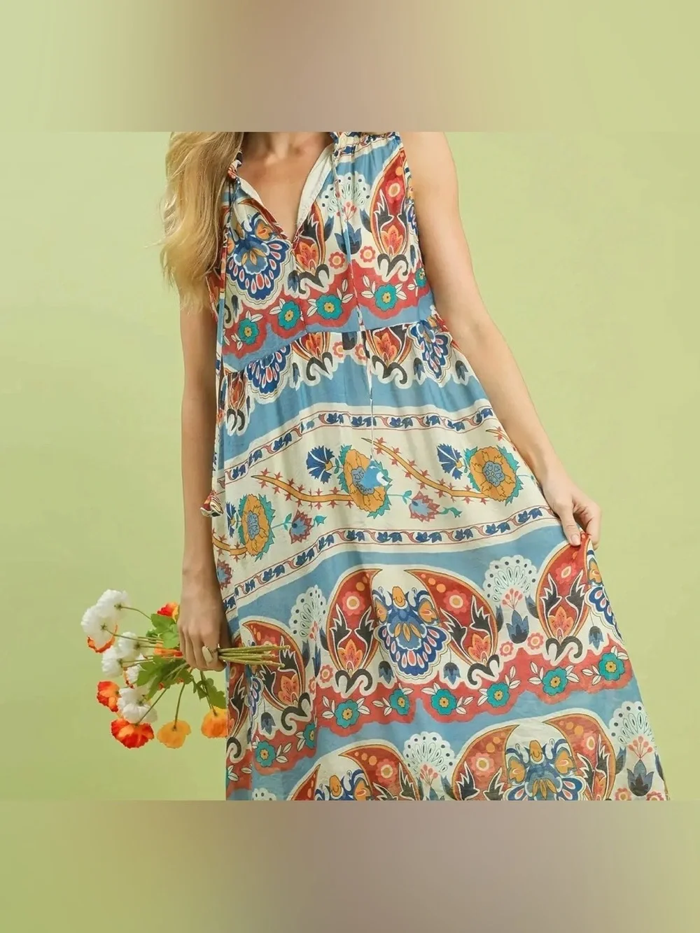 Umgee Colorful Paisley Midi Dress Boho Floral Romantic Enchanted Viscose Whimsy - Picture 3 of 14